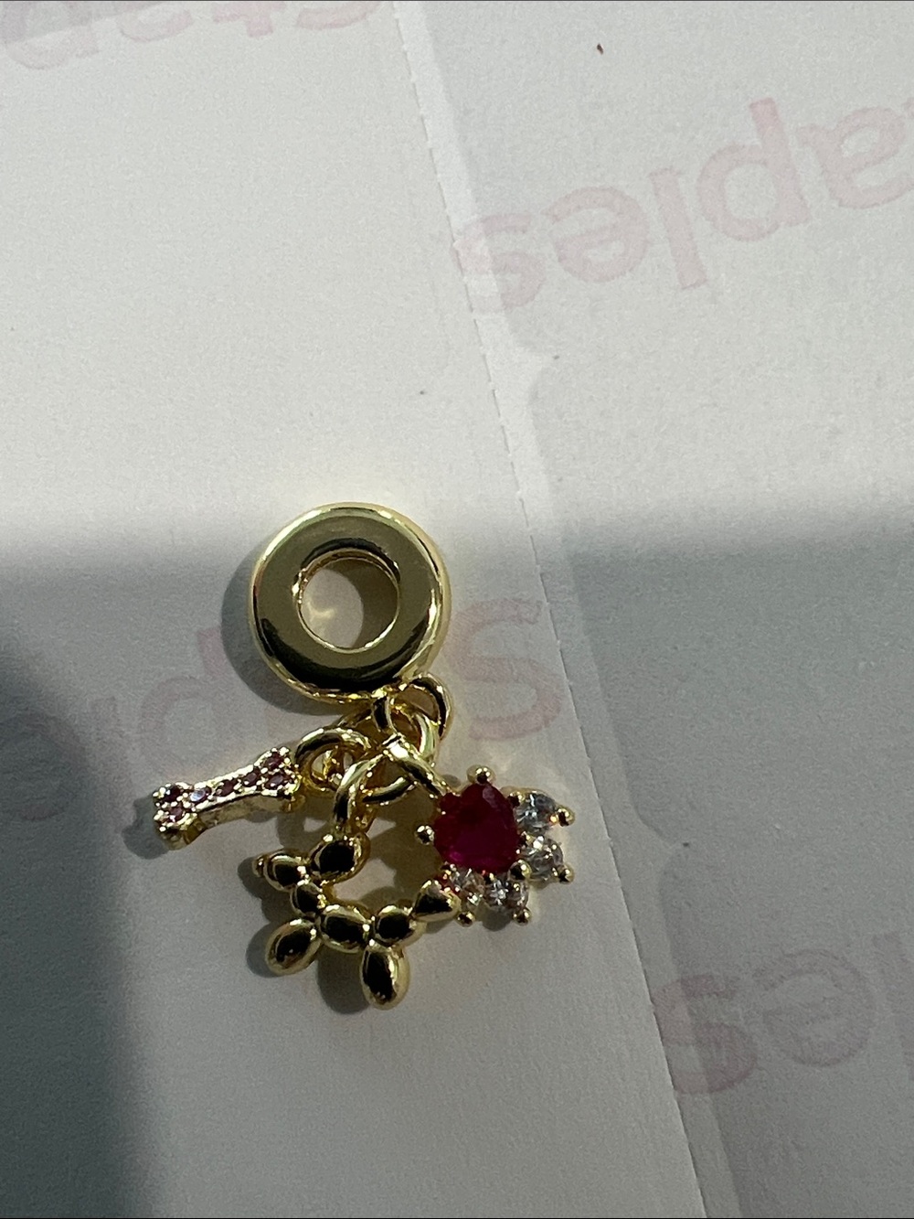 Gold Charm Pendant Dog Bone  with Red Gemstone Accent